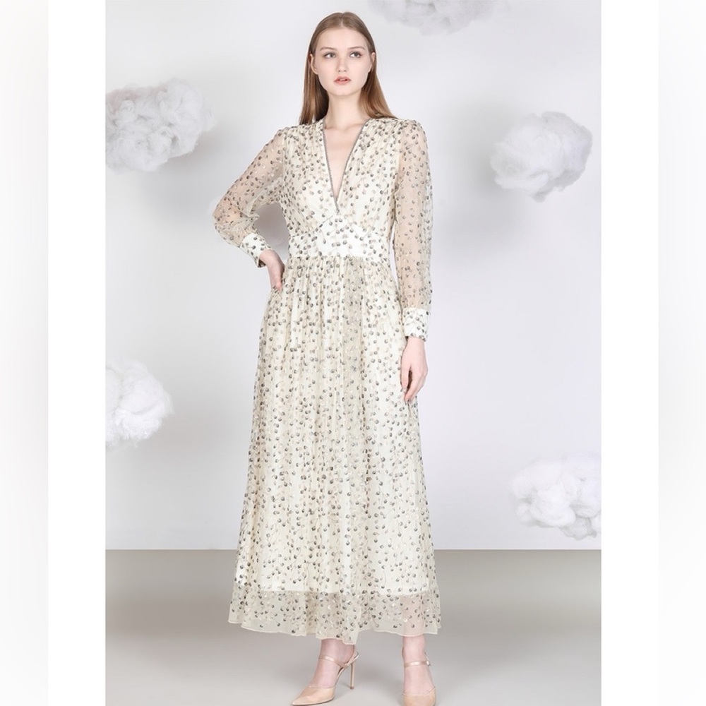 NWT Blank London Phileena Metallic
Embroidered Maxi Dress Ivory Gold Medium